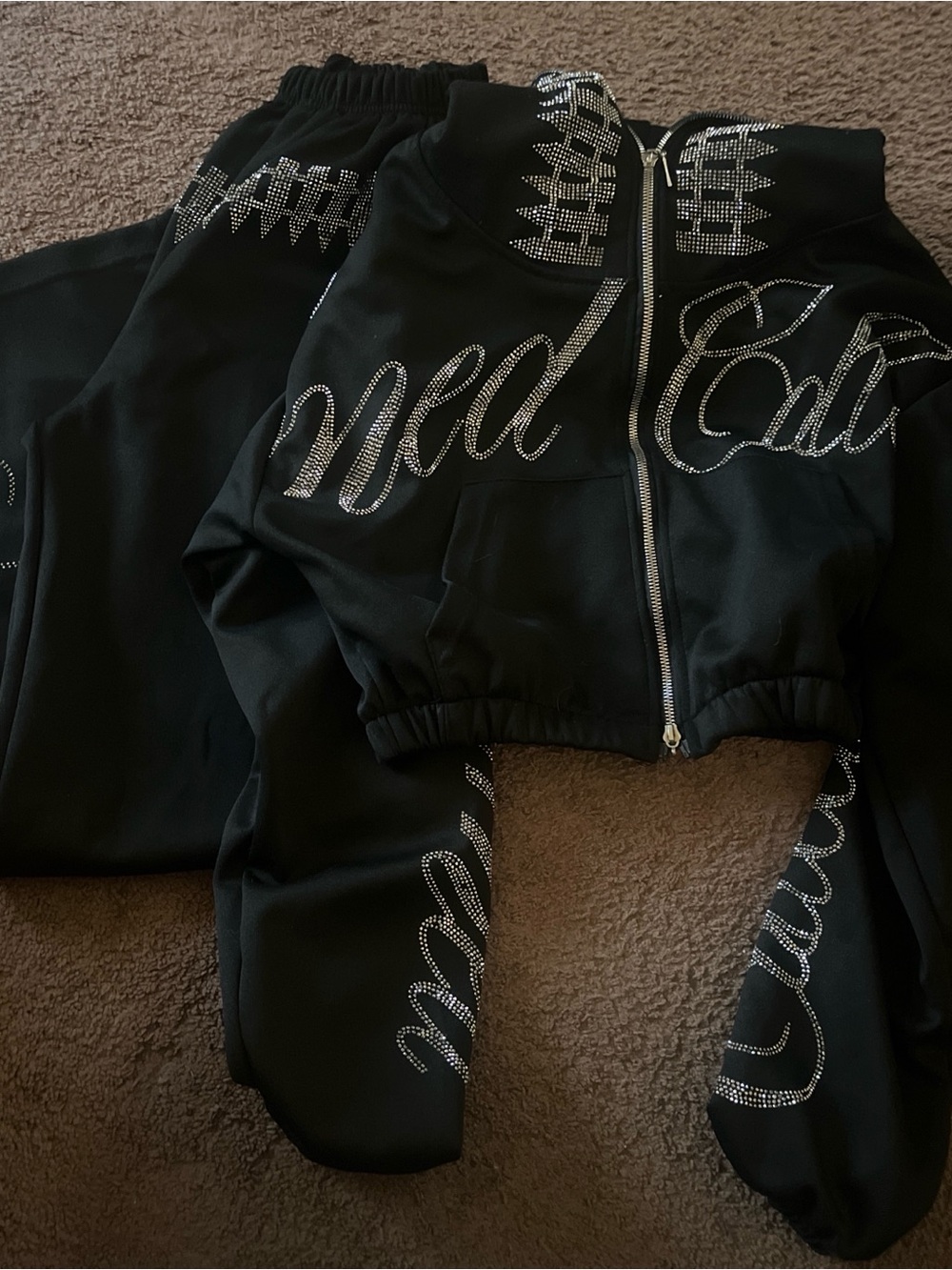 Black Rhinestone Zip-Up Hoodie Sweatshirt